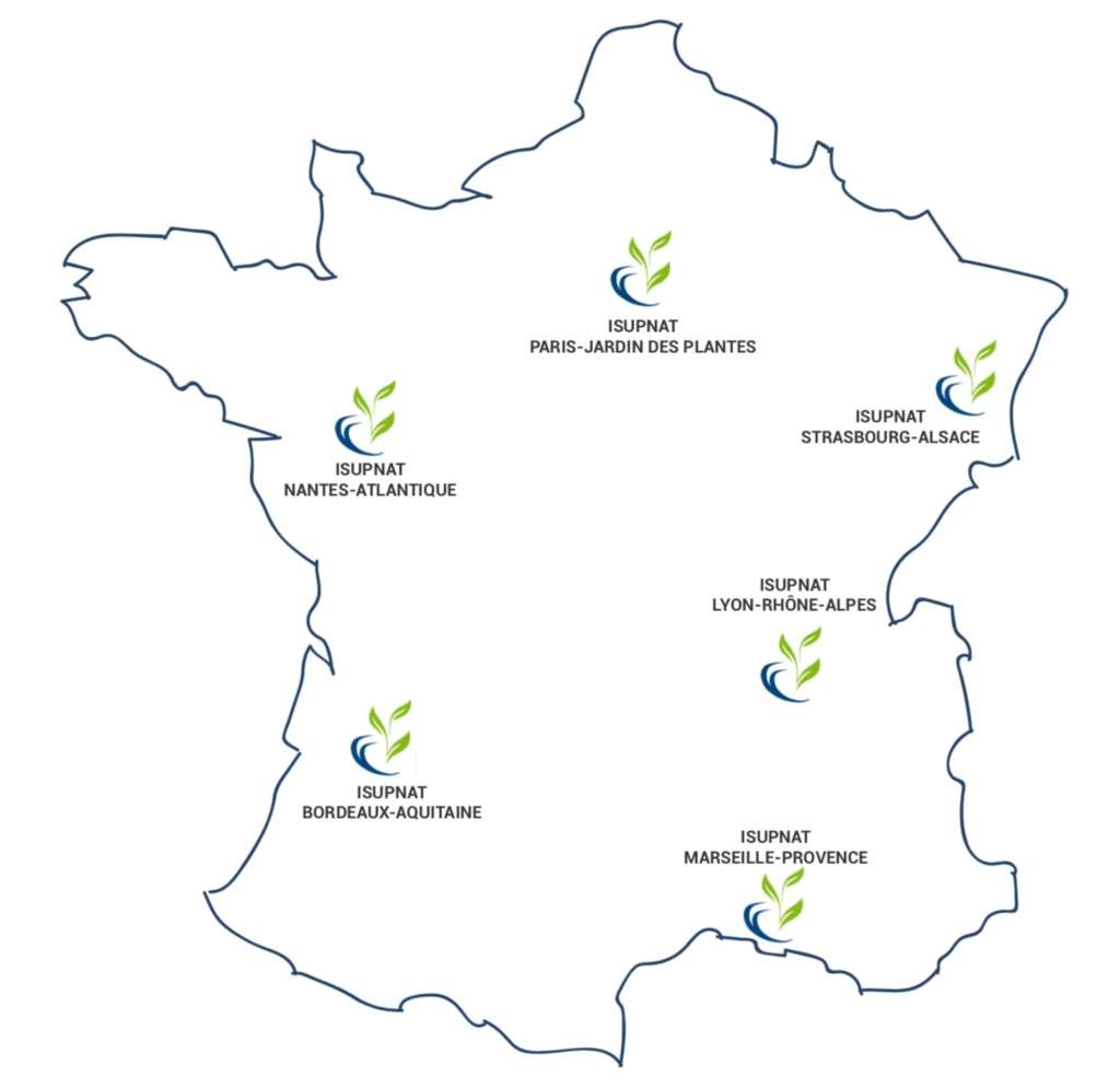 Carte de France avec les campus de l'école de naturopathie ISUPNAT